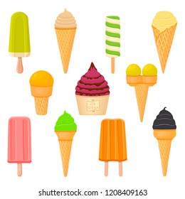 Colorful logo icon for natural fruit ice cream sorbet in different forms. Fruit pattern consisting of sweet cold ice cream sorbet, tasty frozen dessert. Fresh taste fruit ice cream sorbet from berry.