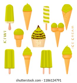 Colorful logo icon for natural kiwi ice cream sorbet in different forms. Kiwi pattern consisting of sweet cold ice cream sorbet, tasty frozen dessert. Fresh taste fruit ice cream sorbet from kiwi.