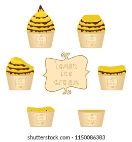 Colorful logo icon for natural lemon ice cream sorbet in different forms. Lemon pattern consisting of sweet cold ice cream sorbet, tasty frozen dessert. Fresh taste fruit ice cream sorbet from lemon.