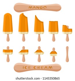 Colorful logo icon for natural mango ice cream sorbet in different forms. Mango pattern consisting of sweet cold ice cream sorbet, tasty frozen dessert. Fresh taste fruit ice cream sorbet from mango.