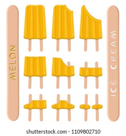Colorful logo icon for natural melon ice cream sorbet in different forms. Melon pattern consisting of sweet cold ice cream sorbet, tasty frozen dessert. Fresh taste fruit ice cream sorbet from melon.