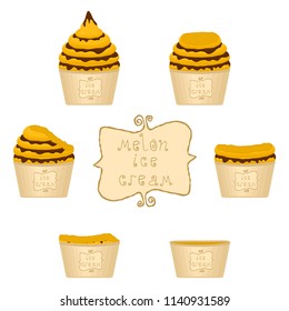 Colorful logo icon for natural melon ice cream sorbet in different forms. Melon pattern consisting of sweet cold ice cream sorbet, tasty frozen dessert. Fresh taste fruit ice cream sorbet from melon.