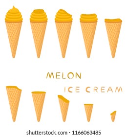 Colorful logo icon for natural melon ice cream sorbet in different forms. Melon pattern consisting of sweet cold ice cream sorbet, tasty frozen dessert. Fresh taste fruit ice cream sorbet from melon.