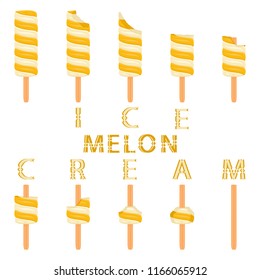 Colorful logo icon for natural melon ice cream sorbet in different forms. Melon pattern consisting of sweet cold ice cream sorbet, tasty frozen dessert. Fresh taste fruit ice cream sorbet from melon.