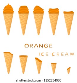 Colorful logo icon for natural orange ice cream sorbet in different form. Orange pattern consisting of sweet cold ice cream sorbet, tasty frozen dessert. Fresh taste fruit ice cream sorbet from orange