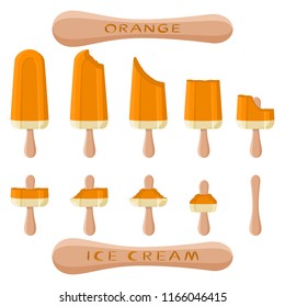 Colorful logo icon for natural orange ice cream sorbet in different form. Orange pattern consisting of sweet cold ice cream sorbet, tasty frozen dessert. Fresh taste fruit ice cream sorbet from orange