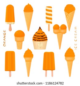 Colorful logo icon for natural orange ice cream sorbet in different form. Orange pattern consisting of sweet cold ice cream sorbet, tasty frozen dessert. Fresh taste fruit ice cream sorbet from orange