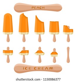Colorful logo icon for natural peach ice cream sorbet in different forms. Peach pattern consisting of sweet cold ice cream sorbet, tasty frozen dessert. Fresh taste fruit ice cream sorbet of peach.
