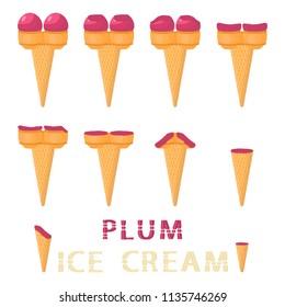 Colorful logo icon for natural plum ice cream striped in different forms. Plum pattern consisting of sweet cold ice cream striped, tasty frozen dessert. Fresh taste fruit ice cream striped from plum.