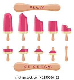 Colorful logo icon for natural plum ice cream sorbet in different forms. Plum pattern consisting of sweet cold ice cream sorbet, tasty frozen dessert. Fresh taste fruit ice cream sorbet from plum.