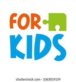Colorful logo for kids with one green puzzle piece. Modern vector style cartoon flat design illustration.