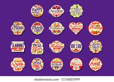 Colorful logo or label set for holiday retro design, festive stickers with greetings. Merry Christmas, New Year, birthday, St Patrick s Day, masquerade. Vector