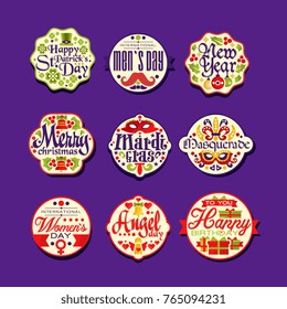 Colorful logo or label set for holiday retro design, festive stickers with greetings. Merry Christmas, New Year, birthday, St Patrick s Day, masquerade. Vector