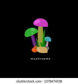 Colorful logo of mushrooms with stones, grass. Modern  design. Fashion print for clothes, cards, picture banner for websites. Vector illustration