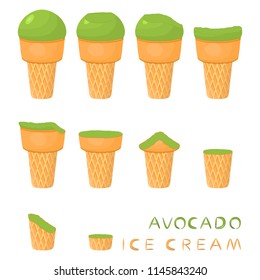 Colorful logo for natural avocado ice cream sorbet in different forms. Avocado pattern consisting of sweet cold ice cream sorbet, tasty frozen dessert. Fresh taste fruit ice cream sorbet of avocado.
