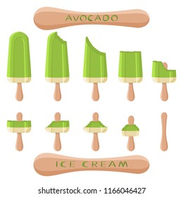 Colorful logo for natural avocado ice cream sorbet in different forms. Avocado pattern consisting of sweet cold ice cream sorbet, tasty frozen dessert. Fresh taste fruit ice cream sorbet of avocado.