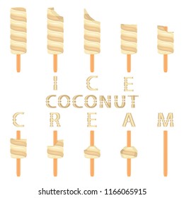 Colorful logo for natural coconut ice cream sorbet in different forms. Coconut pattern consisting of sweet cold ice cream sorbet, tasty frozen dessert. Fresh taste fruit ice cream sorbet of coconut.