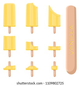 Colorful logo for natural vanilla ice cream sorbet in different forms. Vanilla pattern consisting of sweet cold ice cream sorbet, tasty frozen dessert. Fresh taste fruit ice cream sorbet from vanilla.