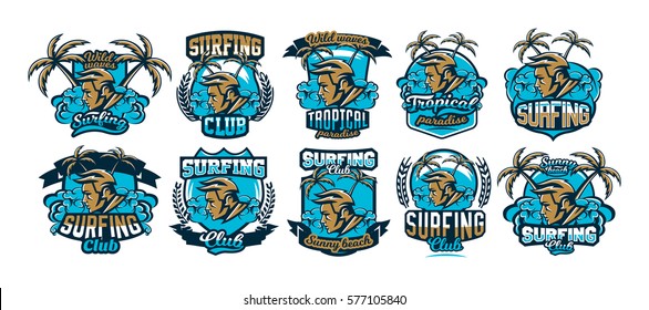 Colorful logo on surfing. The emblem face surfer. Beach, waves, palm trees, tropical island. Extreme sport, set of printing on T-shirts. Vector illustration.