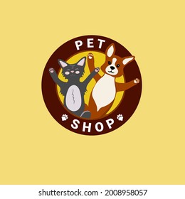 Colorful logo of the pets shop. Funny cute dog and cat look out of the circle. A corgi puppy. Vector label for your business.