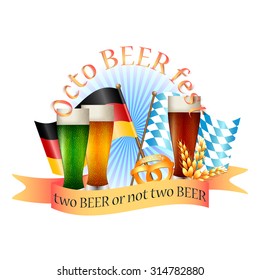Colorful logo for postcards and greetings with Oktoberfest. Three glasses with beer, spikelets, pretzel and flags of Germany and Bavaria, isolated on white. Vector illustration