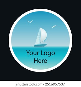  Colorful logo with a sailing ship at sea and seagulls in the sky. Vector on black background