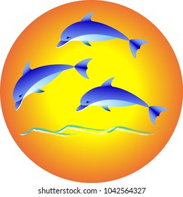 Colorful logo of sea recreation on the sea - dolphins on the background of the sun, water - a man's dream.