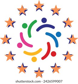Colorful logo with stars and circles, perfect for brand identity, party invitations or children's products. Festive and enthusiastic.