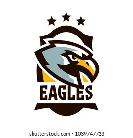 Colorful logo, sticker, emblem of a eagle. Flying bird, hunter, predator, dangerous animal, shield, lettering. Mascot sports club, vector illustration