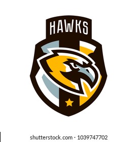 Colorful logo, sticker, emblem of a hawk. Flying bird, hunter, predator, dangerous animal, shield, lettering. Mascot sports club, vector illustration