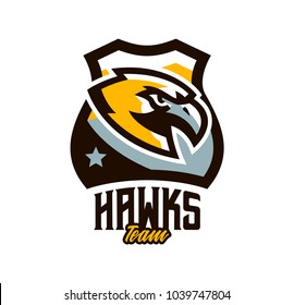 Colorful logo, sticker, emblem of a hawk. Flying bird, hunter, predator, dangerous animal, shield, lettering. Mascot sports club, vector illustration