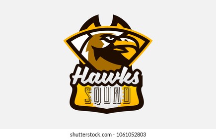 Colorful logo, sticker, emblem of a hawk head. Flying bird, hunter, predator, dangerous animal, shield, lettering. Mascot sports club, vector illustration