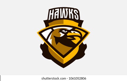Colorful logo, sticker, emblem of a hawk head. Flying bird, hunter, predator, dangerous animal, shield, lettering. Mascot sports club, vector illustration