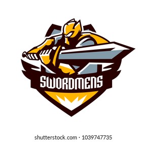 A Colorful Logo, A Sticker, An Emblem, A Knight Is Attacking With A Sword. Gold Armor Of The Paladin, Swordsman, Warrior, Crown, Shield, Lettering. Mascot Sports Club, Vector Illustration