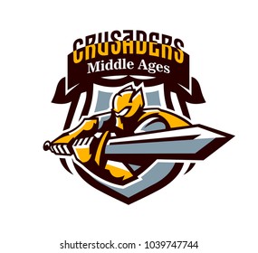 A Colorful Logo, A Sticker, An Emblem, A Knight Is Attacking With A Sword. Gold Armor Of The Paladin, Swordsman, Warrior, Crown, Shield, Lettering. Mascot Sports Club, Vector Illustration