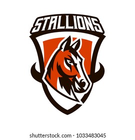 Colorful logo, sticker, horse emblem. Beautiful stallion, horse racing, fast animal, mascot of the sports club. Shield, lettering, vector illustration