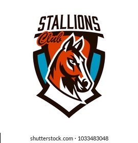 Colorful logo, sticker, horse emblem. Beautiful stallion, horse racing, fast animal, mascot of the sports club. Shield, lettering, vector illustration