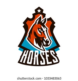 Colorful logo, sticker, horse emblem. Beautiful stallion, horse racing, fast animal, mascot of the sports club. Shield, lettering, vector illustration