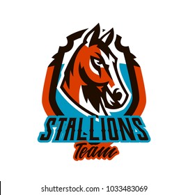 Colorful logo, sticker, horse emblem. Beautiful stallion, horse racing, fast animal, mascot of the sports club. Shield, lettering, vector illustration