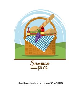 Colorful Logo Summer Picnic With Outdoor Landscape And Picnic Basket Full Of Food