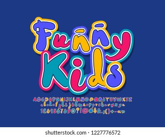 Colorful Logo with text Funny Kids. Hand written vector Alphabet Letters, Numbers and Punctuation Symbols. Bright Font for Children. 