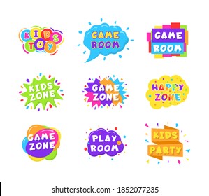 Colorful logos. Subscription for a children's playroom. Kids zone colorful banner card set. A bright decoration element for a children's party. Multicolored type design with abstract shapes. Vector.