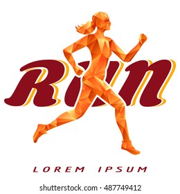 Colorful logotype with running woman isolated on white. Sport motivation logo, vector illustration