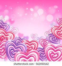 Colorful lollipop background. Heart shape candies . Valentine's day design. Good for holiday poster banner flyer.