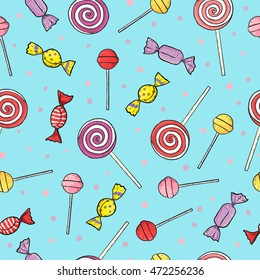 Pirulito colorido e doce padrão sem emenda. O vetor adoça o fundo.