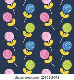 Colorful Lollipop Pattern With Yellow Leaves on a Dark Background