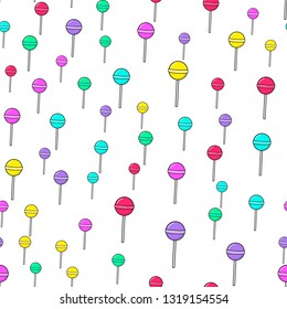 Colorful lollipop seamless pattern on white background. Paper print design. Abstract retro vector illustration. Trendy textile, fabric, wrapping. Modern space decoration.