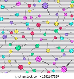 Colorful lollipop seamless pattern on white background. Paper print design. Abstract retro vector illustration. Trendy textile, fabric, wrapping. Modern space decoration.