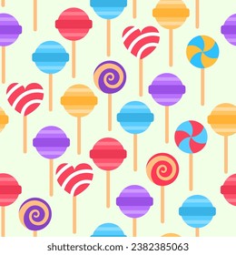 Colorful lollipop seamless pattern on green background. Bright assorted sweet repeat tile design. Party treat food wallpaper. Stick swirl striped candy wrapping paper Bonbon fabric vector illustration