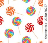 Colorful lollipop seamless pattern. Vector cartoon flat illustration of swirl round candy. Sweet food background.